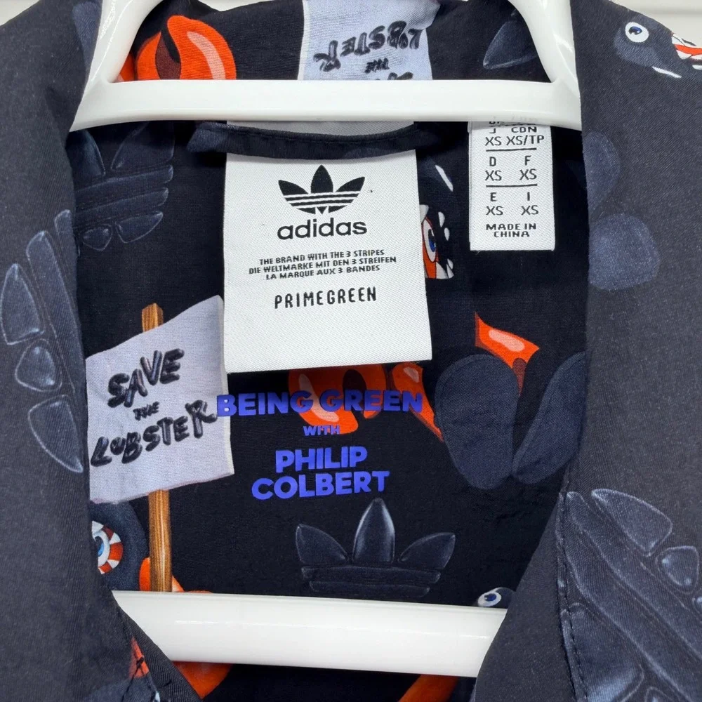 Adidas Philip Colbert‎ Save the Lobster Button Up Shirt Graphic Pop Art XS Black